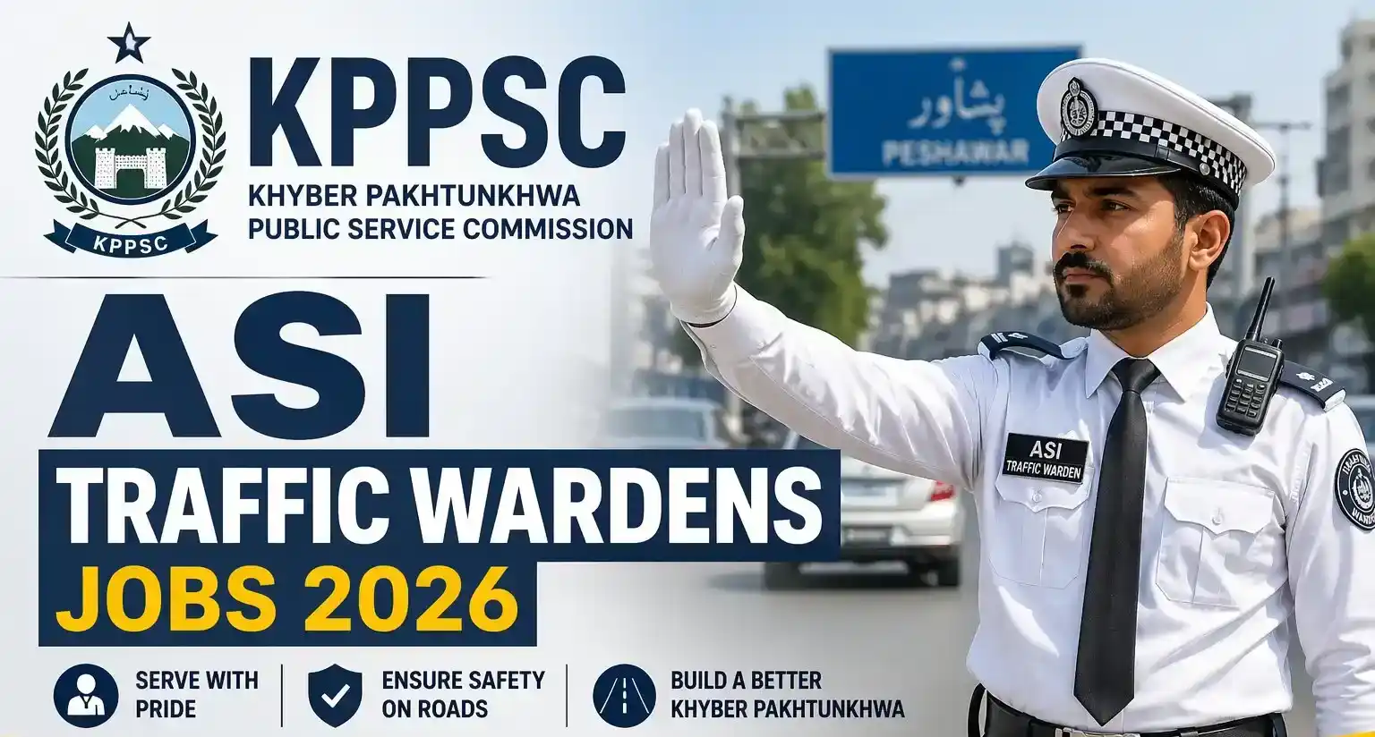 KPPSC ASI Traffic Wardens Jobs 2026 advertisement showing traffic warden officer in uniform directing traffic in Peshawar
