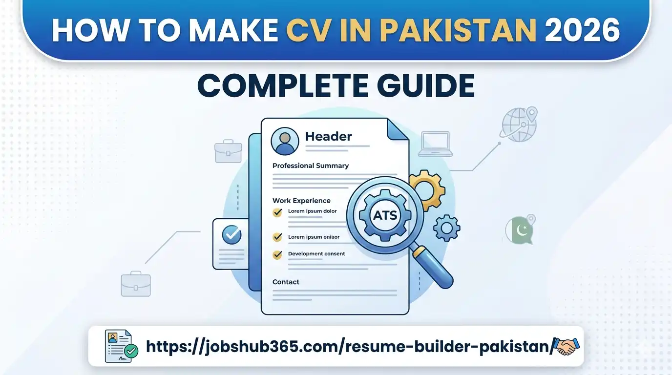 A professional 2026 CV design guide for Pakistan featuring an ATS-friendly resume template with the JobsHub365 branding.