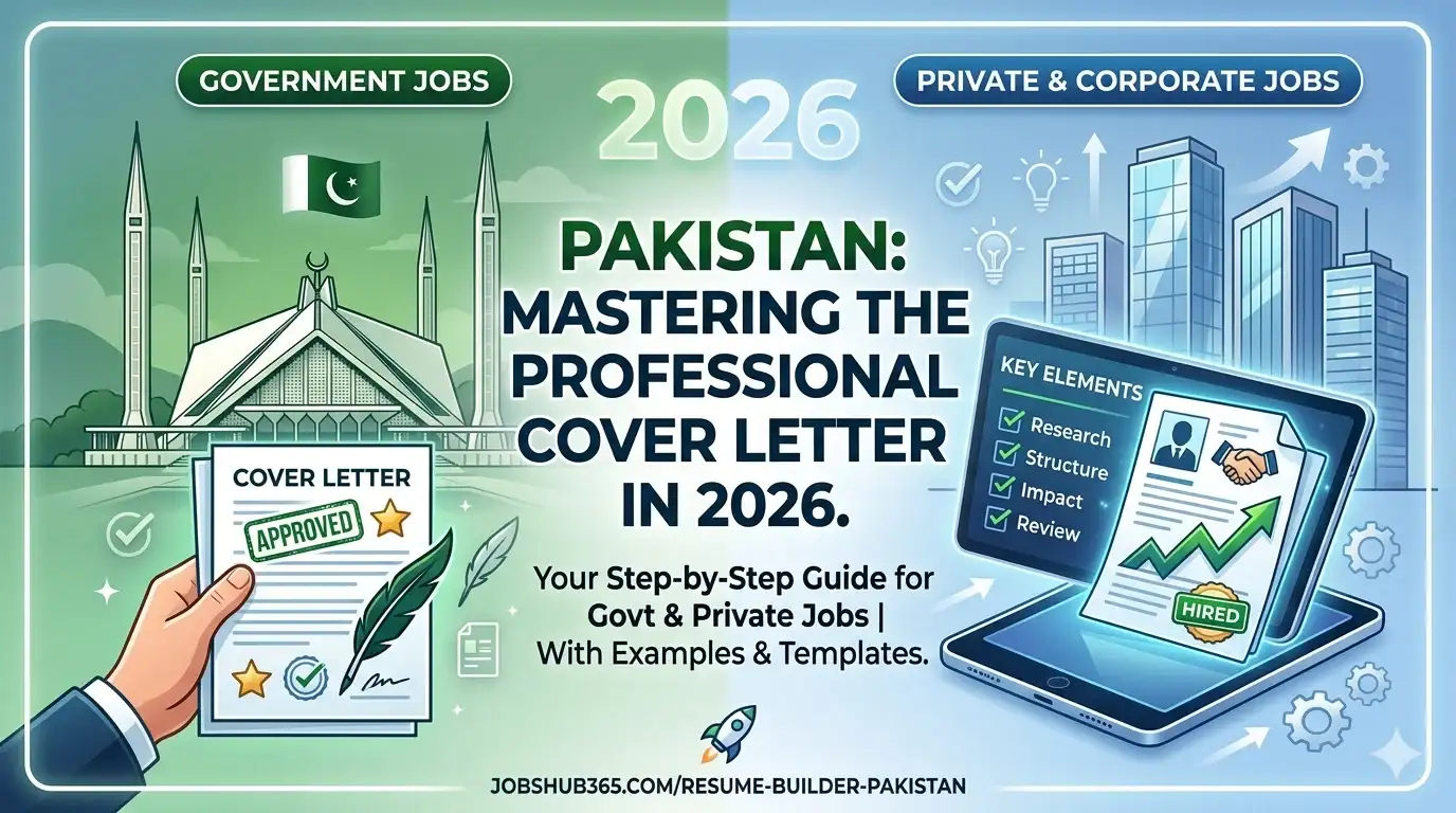 A professional split-screen graphic showing a government building and a modern corporate office, representing cover letter guides for government and private jobs in Pakistan for 2026