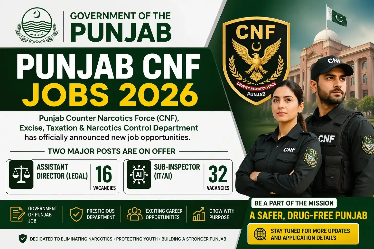 Punjab CNF Jobs 2026 official recruitment advertisement featuring Assistant Director Legal and Sub-Inspector IT/AI vacancies announced by Excise Taxation and Narcotics Control Department Punjab