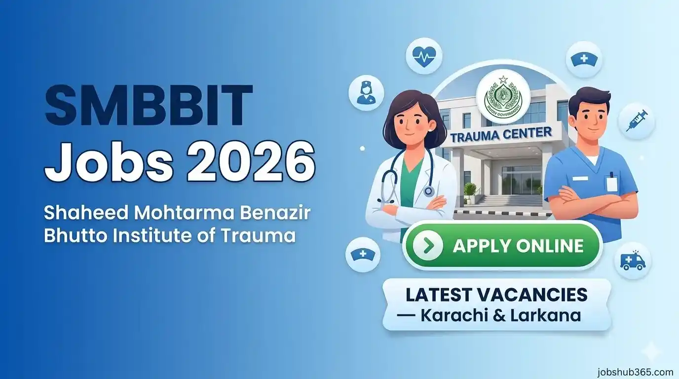 Official announcement banner for SMBBIT Jobs 2026 showing doctors and trauma center building for Karachi and Larkana vacancies.