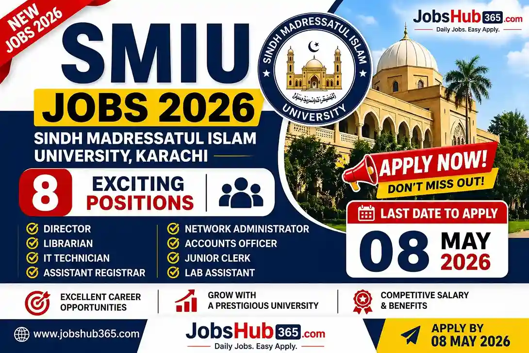 SMIU Jobs 2026 Sindh Madressatul Islam University Karachi advertisement showing 8 vacancies including Director Librarian IT Technician with last date 08 May 2026