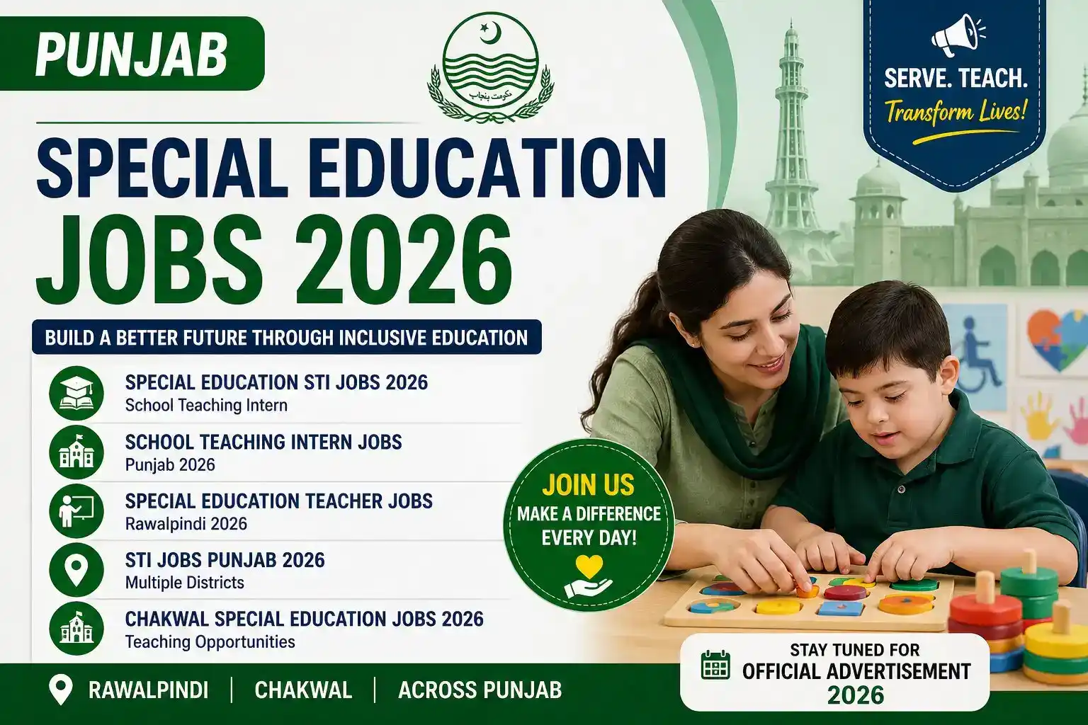 Punjab Special Education Jobs 2026 banner showing STI jobs, school teaching intern positions, and special education teacher jobs in Rawalpindi and Chakwal