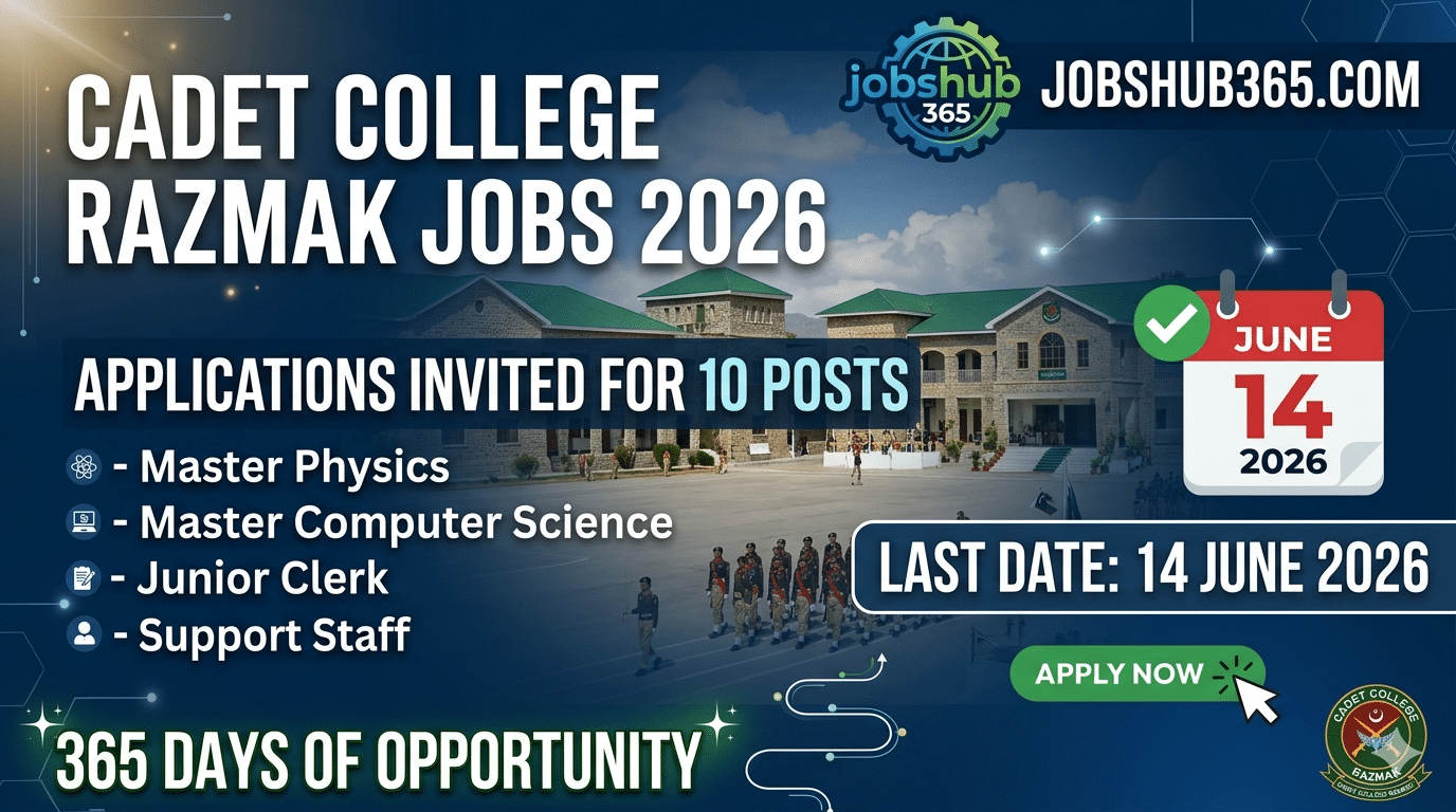 Job advertisement banner for Cadet College Razmak Jobs 2026 featuring 10 posts including Master Physics and Computer Science, with Jobshub365.com branding.