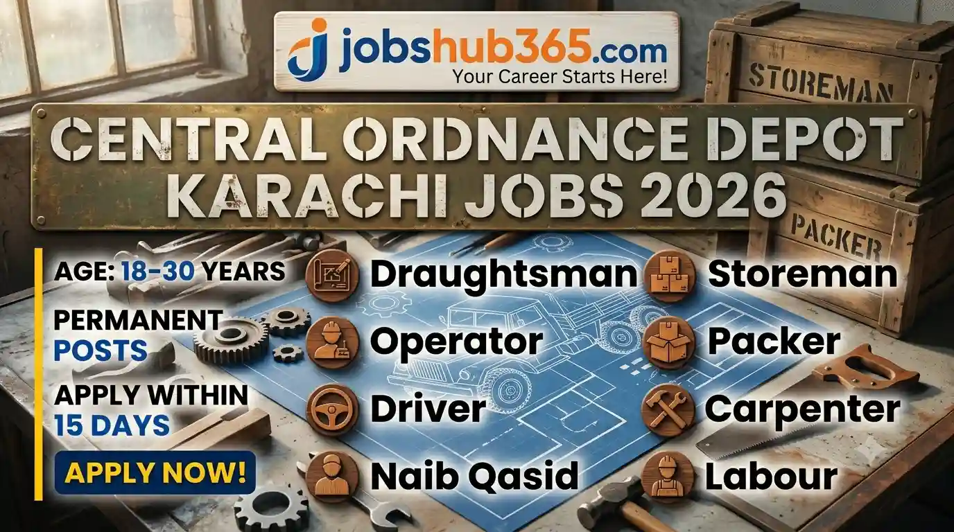 Central Ordnance Depot Karachi Jobs 2026 announcement banner by jobshub365.com, featuring permanent posts for Draughtsman, Storeman, Operator, Packer, Driver, Carpenter, Naib Qasid, and Labour.
