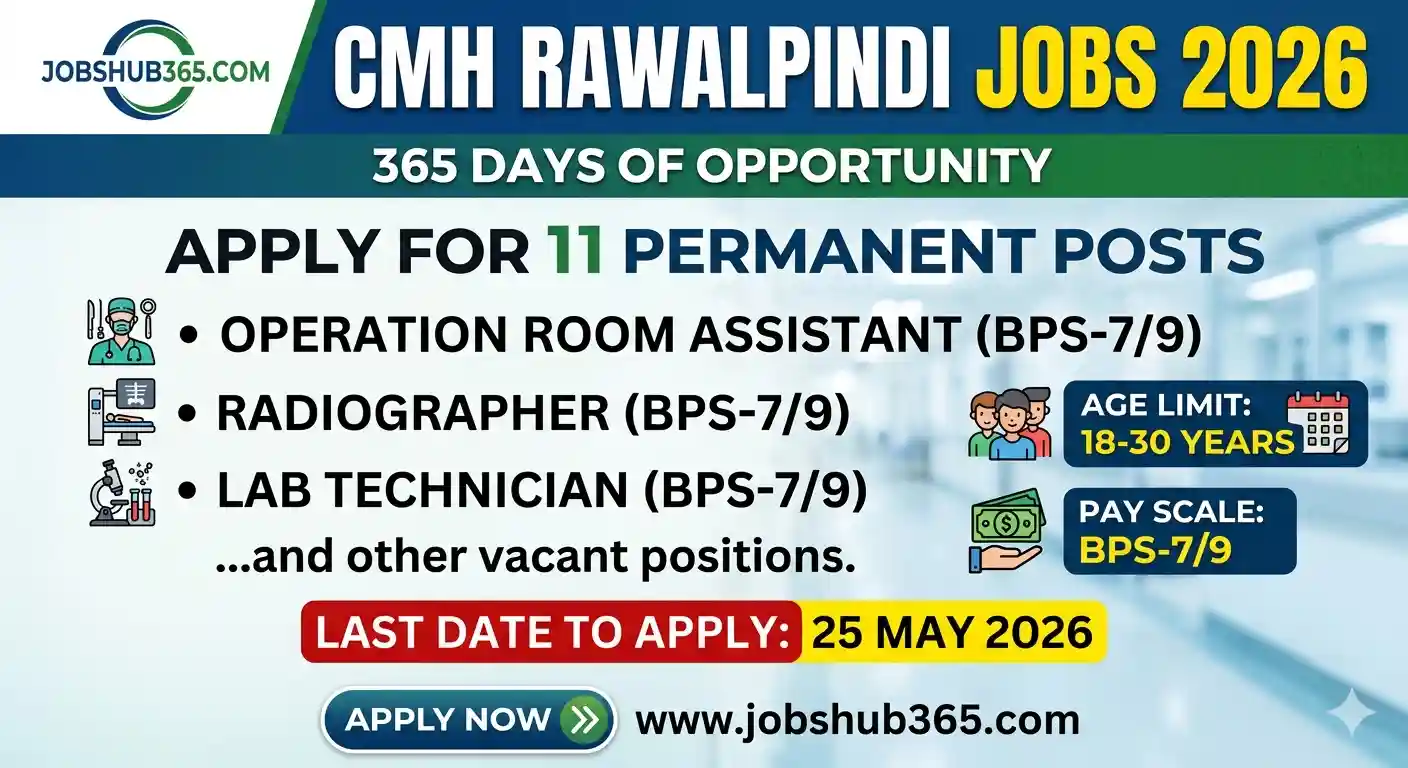 Featured job advertisement for CMH Rawalpindi Jobs 2026 for 11 permanent posts including Lab Technician and Radiographer at jobshub365.com.