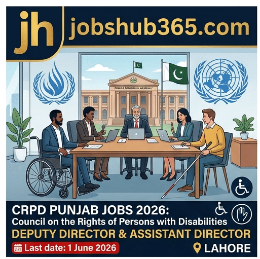 CRPD Punjab Jobs 2026 advertisement banner for Deputy Director and Assistant Director positions in Lahore by JobsHub365.