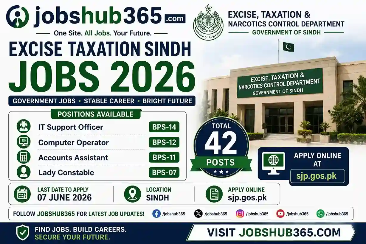 Excise Taxation Sindh Jobs 2026 – IT Officer, Computer Operator, Accounts Assistant & Lady Constable, Apply Now⏳ Last Date: Apply Within 30 Days