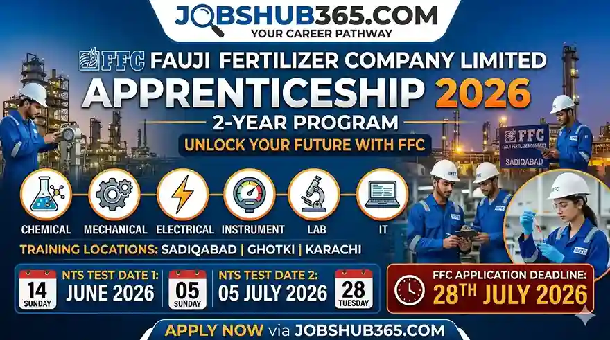 Featured image for FFC Fauji Fertilizer Company Limited Apprenticeship 2026 highlighting Chemical, Mechanical, Electrical, and IT trades with NTS test dates and site branding for jobshub365.com.