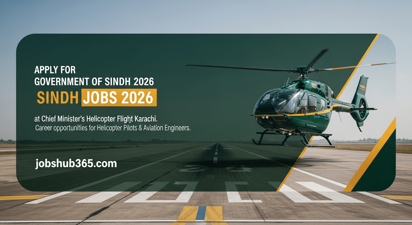 Official modern executive helicopter flying over Karachi airport runway with dark teal and gold accents representing Government of Sindh Jobs 2026