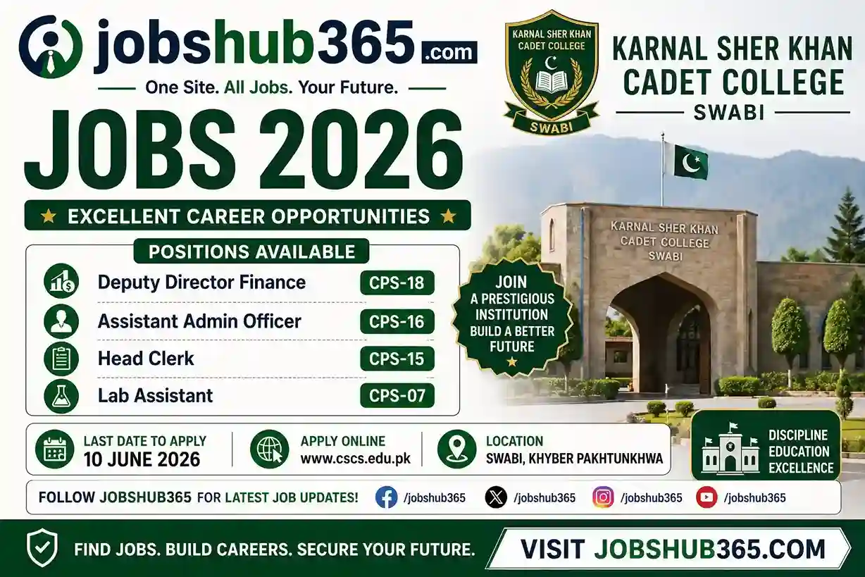 Karnal Sher Khan Cadet College Swabi Jobs 2026 – Deputy Director, Head Clerk & Lab Assistant⏳ Last Date: 10 June 2026