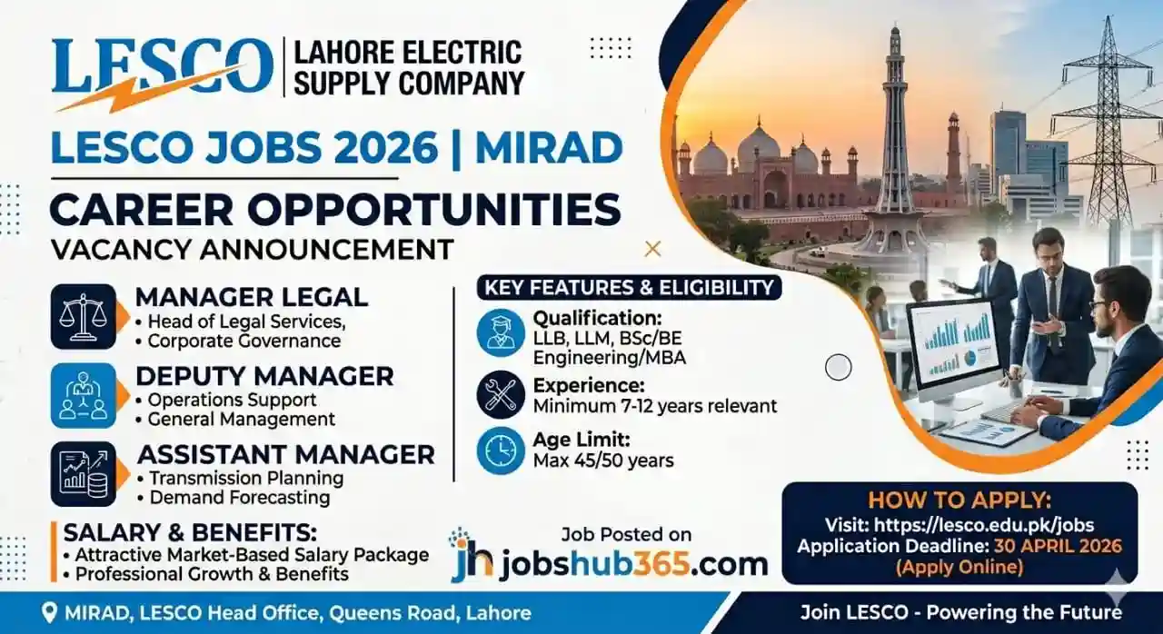 Official LESCO Jobs 2026 advertisement for Manager Legal and Assistant Manager positions at MIRAD Lahore Electric Supply Company.