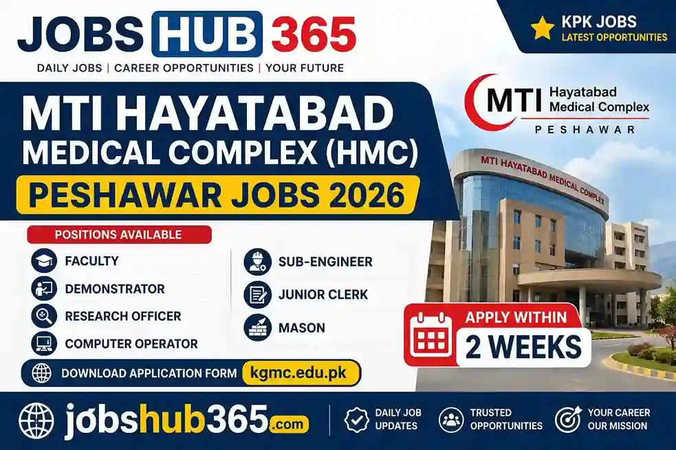 MTI Hayatabad Medical Complex HMC Peshawar Jobs 2026 featured image showing faculty, demonstrator, research officer, computer operator, sub-engineer, junior clerk and mason vacancies with Jobshub365 branding.