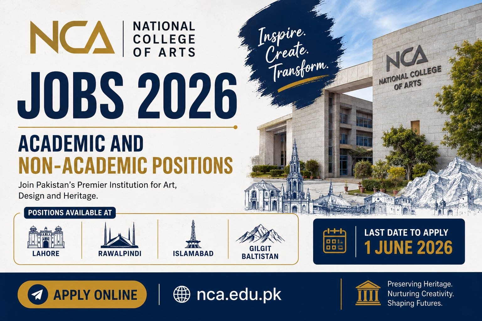 National College of Arts NCA Jobs 2026 advertisement for academic and non-academic positions in Lahore, Rawalpindi, Islamabad, and Gilgit Baltistan with application deadline of 1 June 2026.