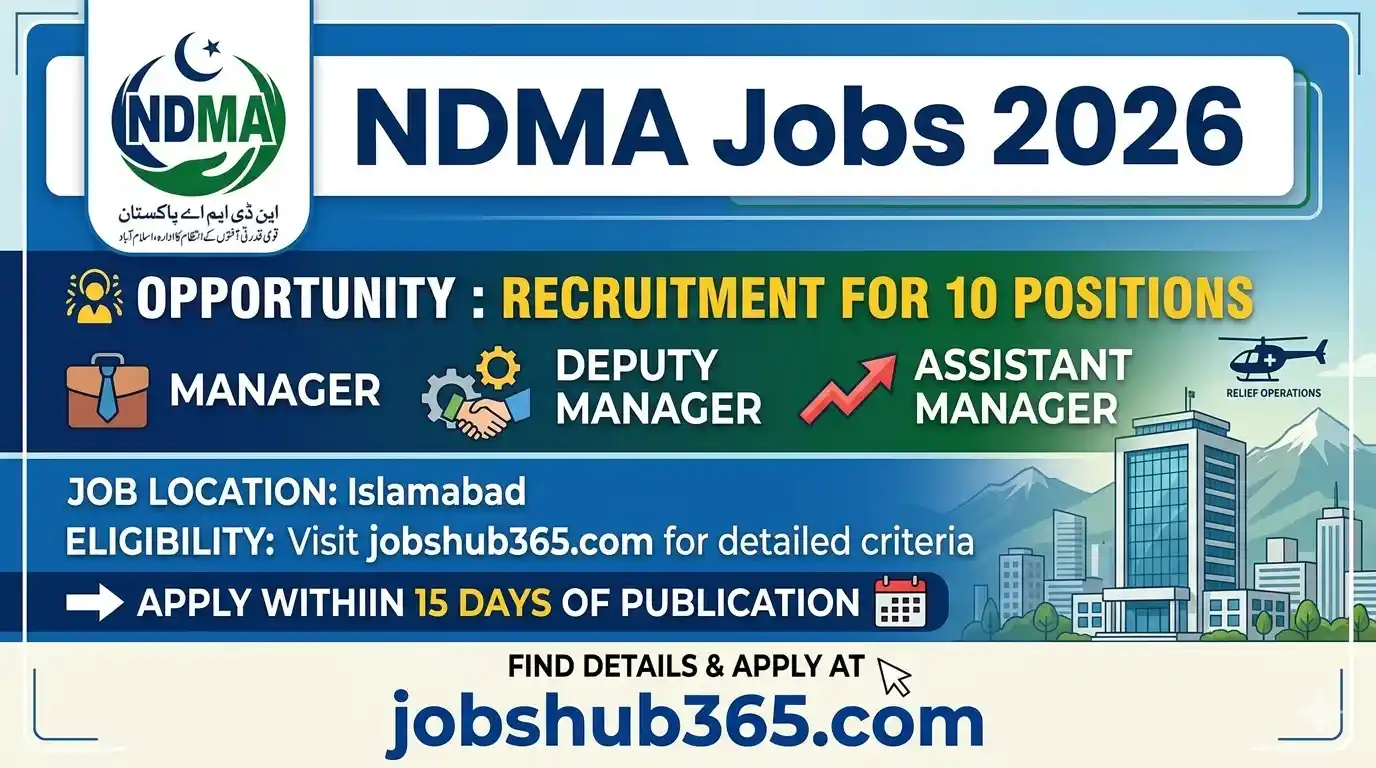 Official job advertisement for National Disaster Management Authority (NDMA) Islamabad 2026 featuring 10 positions for Managers and Assistant Managers.