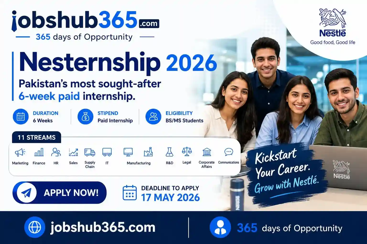 Nestle Nesternship 2026 featured image for paid internship program in Pakistan for BS and MS students on Jobshub365.com
