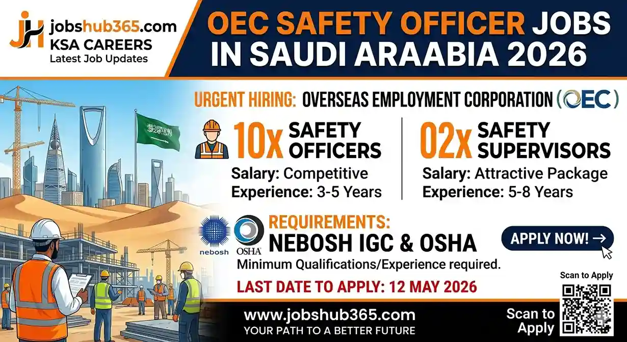 Recruitment advertisement for 10 Safety Officers and 2 Safety Supervisors in Saudi Arabia by OEC, featuring NEBOSH and OSHA requirements for 2026 on jobshub365.com branding.