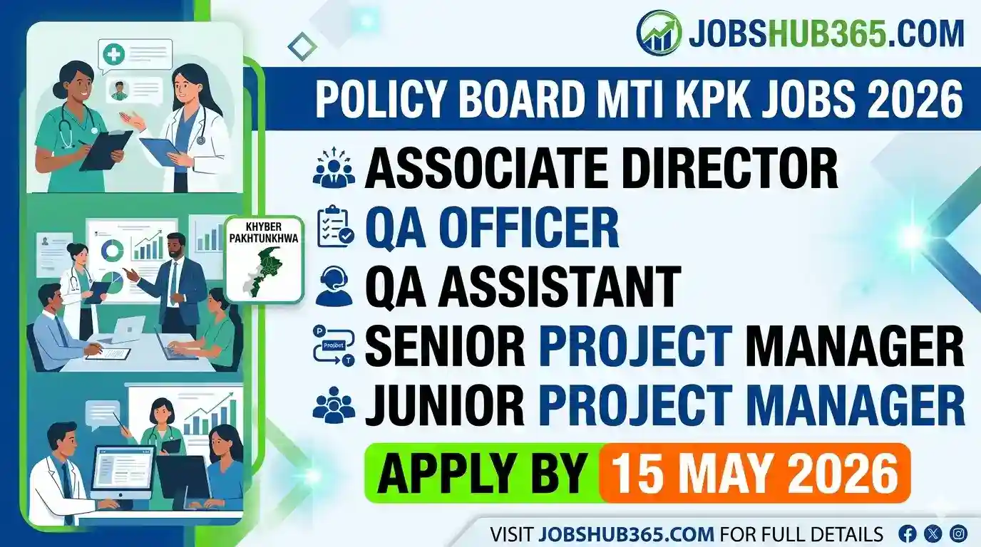 Featured image for Policy Board MTI KPK Jobs 2026 listing vacancies for Associate Director, QA Officer, and Project Managers with a deadline of 15 May 2026.