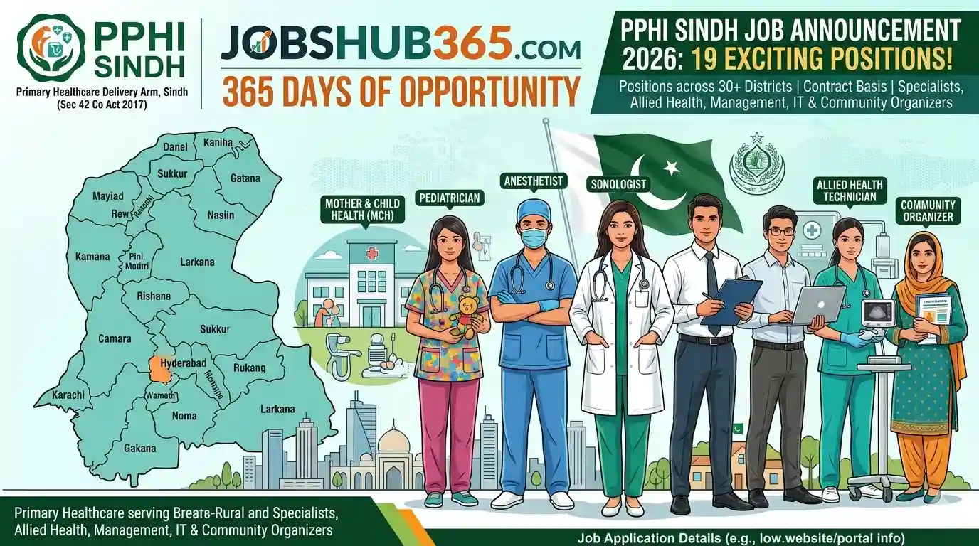 PPHI Sindh job announcement 2026 featuring 19 positions across 30+ districts in Sindh, including Karachi and Hyderabad, with Jobshub365.com branding and tagline.