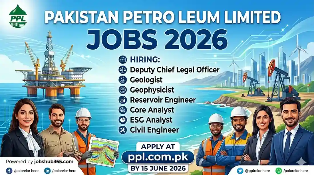 Pakistan Petroleum Limited PPL Jobs 2026 advertisement banner powered by jobshub365.com, featuring engineering, geology, and legal vacancies with an offshore rig and professional team background.