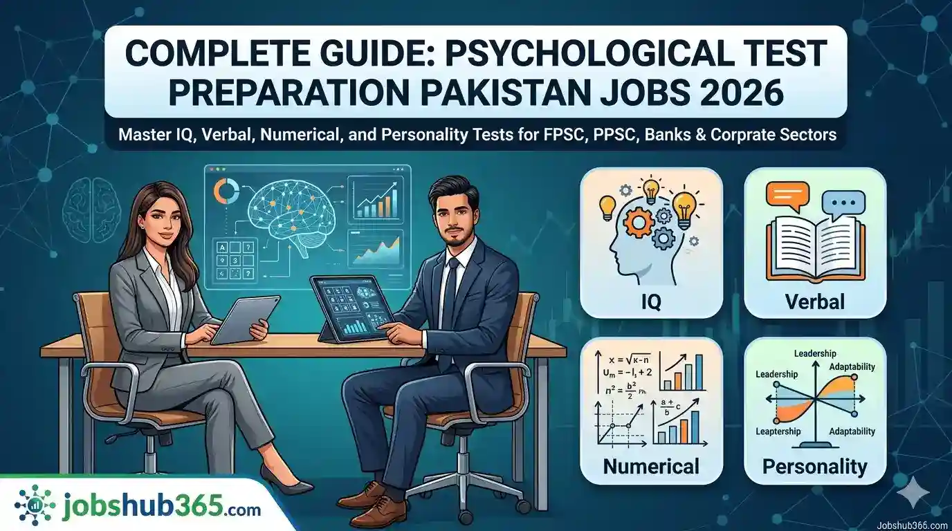 An illustrative guide banner for Jobshub365.com featuring a professional man and woman looking at a psychological test dashboard. Icons for IQ, Verbal, Numerical, and Personality tests are shown, with text 'Psychological Test Prep: Pakistan Jobs 2026' and 'FPSC, PPSC, BANKS, TOP COMPANIES' on a vibrant digital background.