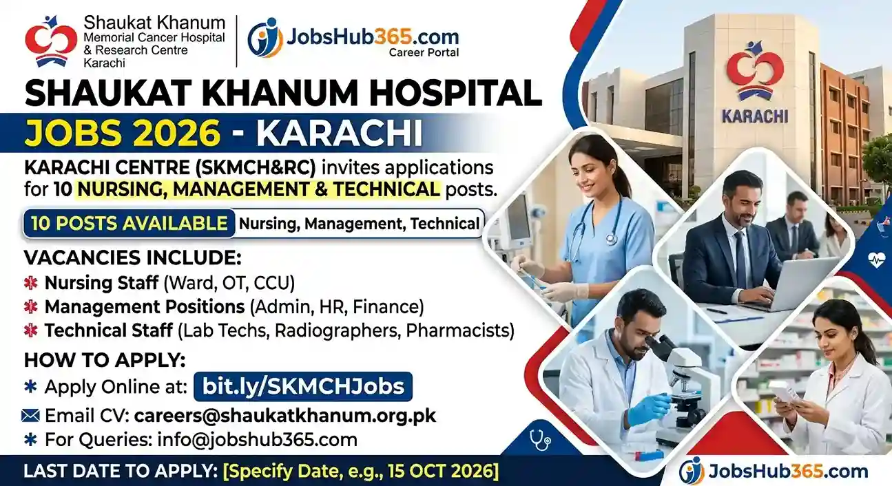 Professional job recruitment banner for Shaukat Khanum Memorial Cancer Hospital & Research Centre Karachi 2026. The image features medical staff, a modern hospital building, and details for 10 vacancies in nursing, management, and technical fields with contact info for JobsHub365.com.