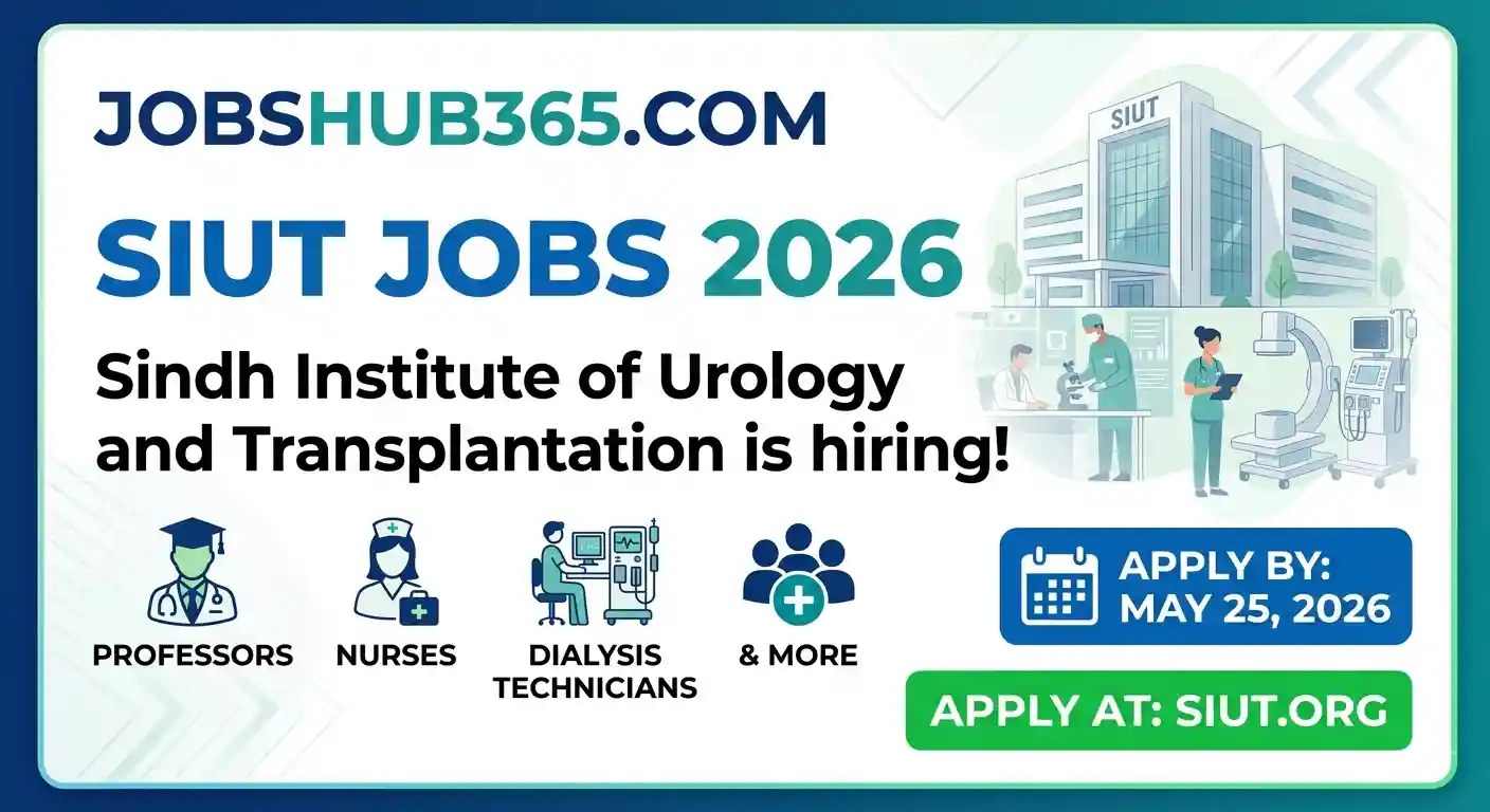 Job advertisement banner for SIUT Jobs 2026 hiring Professors, Nurses, and Dialysis Technicians with a deadline of May 25, 2026, from JobsHub365.com.