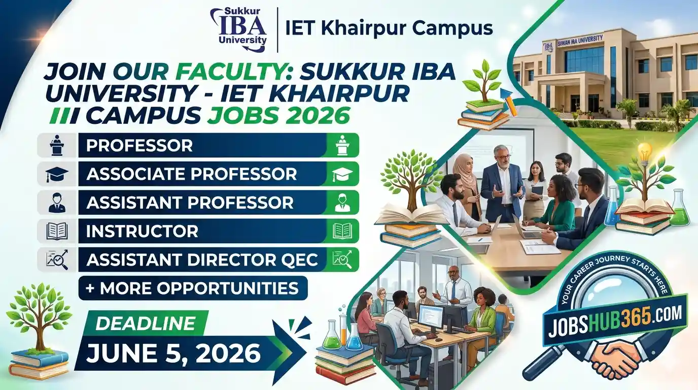 Job advertisement for Sukkur IBA University IET Khairpur Campus 2026. Hiring for Professor, Associate Professor, Assistant Professor, Instructor, and Assistant Director QEC. Deadline June 5, 2026.