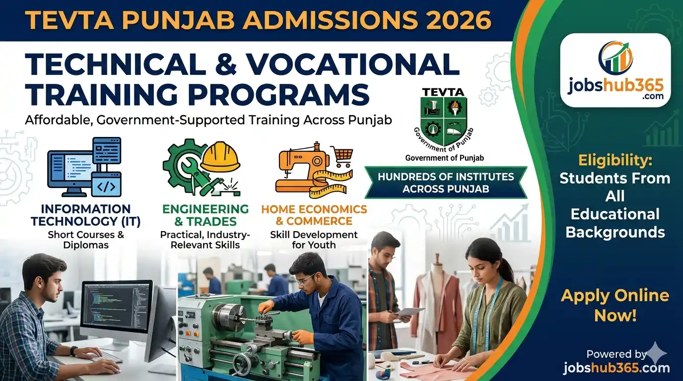 TEVTA Punjab Admissions 2026 for technical and vocational training programs including IT, Engineering, and Home Economics courses.