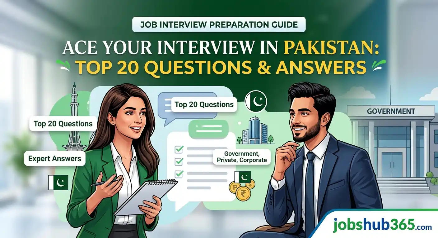 An illustrative career guide banner for Jobshub365.com featuring a professional man and woman in a job interview setting in Pakistan, including icons for government and corporate sectors with the text "Ace Your Interview in Pakistan: Top 20 Questions & Answers."