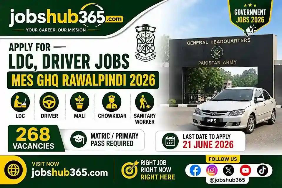 Apply for MES GHQ Rawalpindi Jobs 2026 with 268 vacancies for LDC, Driver, Mali, Chowkidar and Sanitary Worker posts. Matric and Primary pass candidates can apply before 21 June 2026.