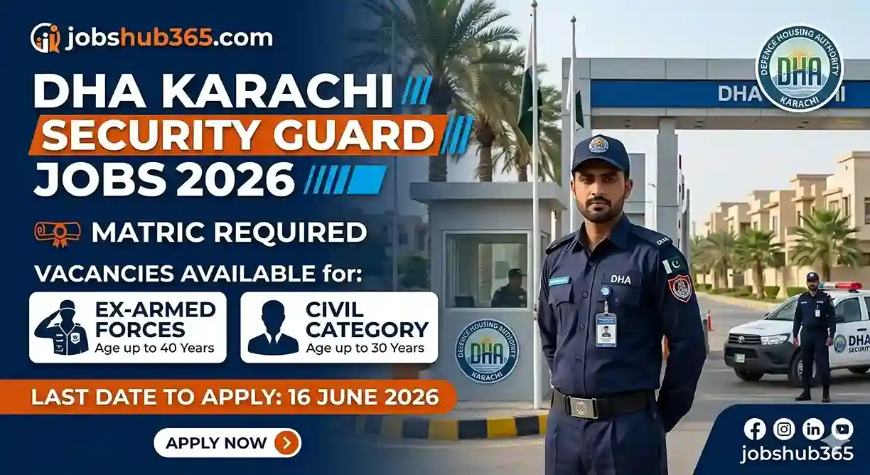 DHA Karachi Security Guard Jobs 2026 advertisement banner by jobshub365.com featuring a security guard in uniform, eligibility criteria for Ex-Armed Forces and Civil categories, and the application deadline of June 16, 2026.