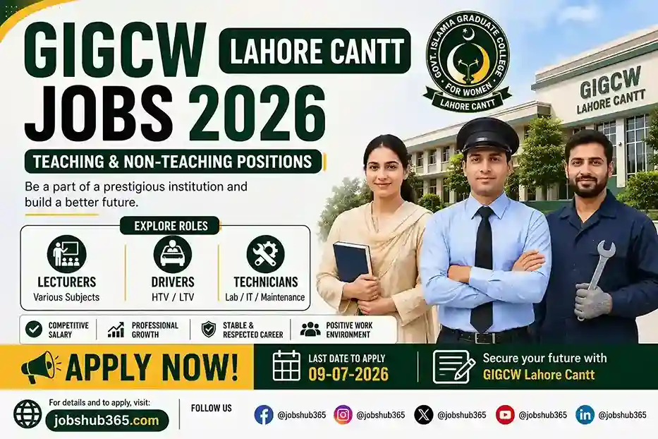 GIGCW Lahore Cantt Jobs 2026 advertisement featuring teaching and non-teaching vacancies including Lecturers, Drivers, and Technicians with application deadline 09 July 2026.