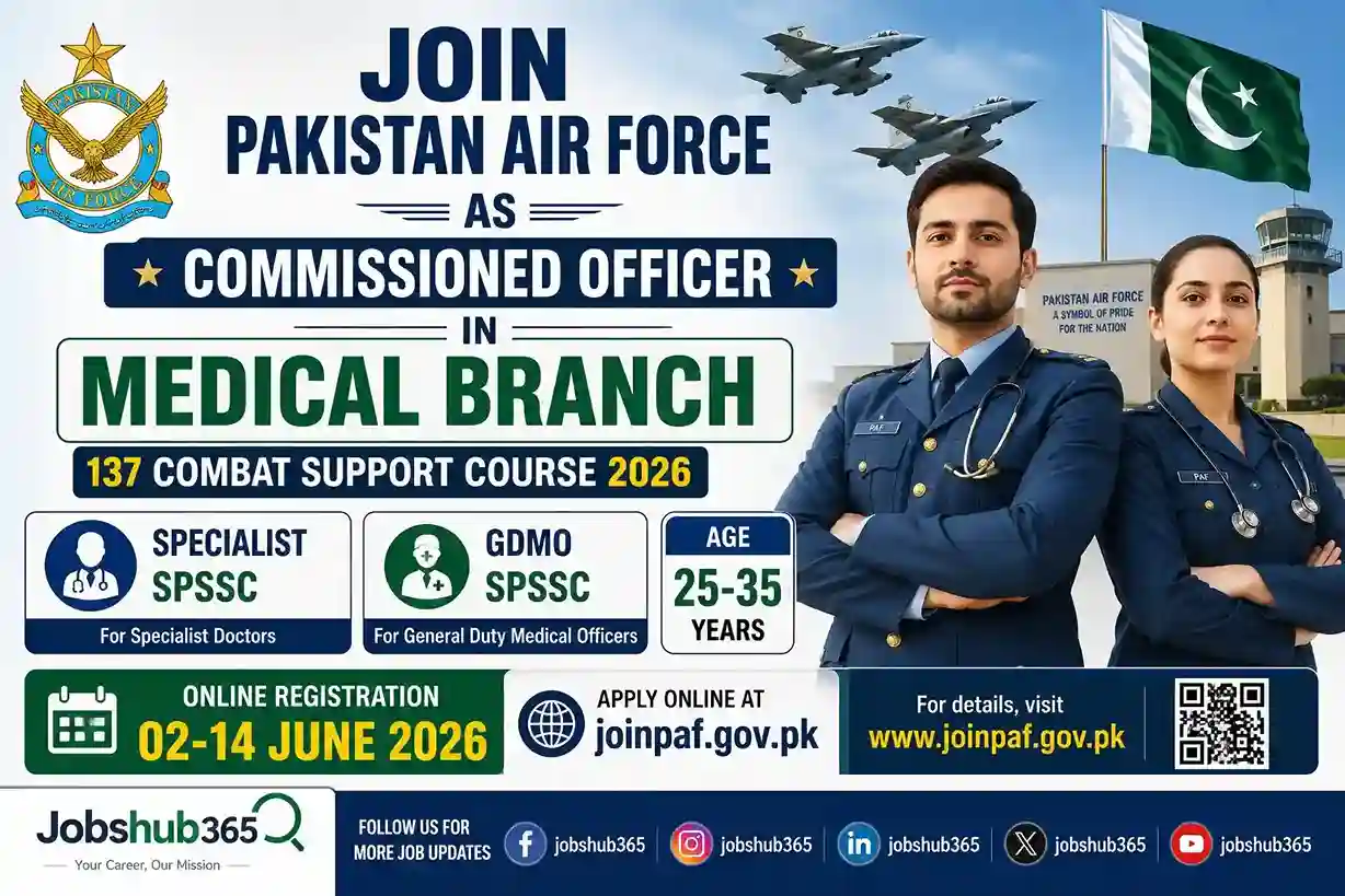 PAF Jobs 2026 – Join Pakistan Air Force Medical Branch 137 Combat Support Course⏳ Last Date: N/A