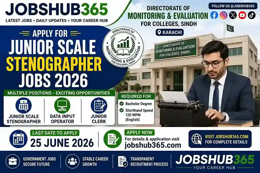 Junior Scale Stenographer Jobs 2026 – DM&E Sindh Karachi | Rewarding Govt Posts⏳ Last Date: 12-05-2025