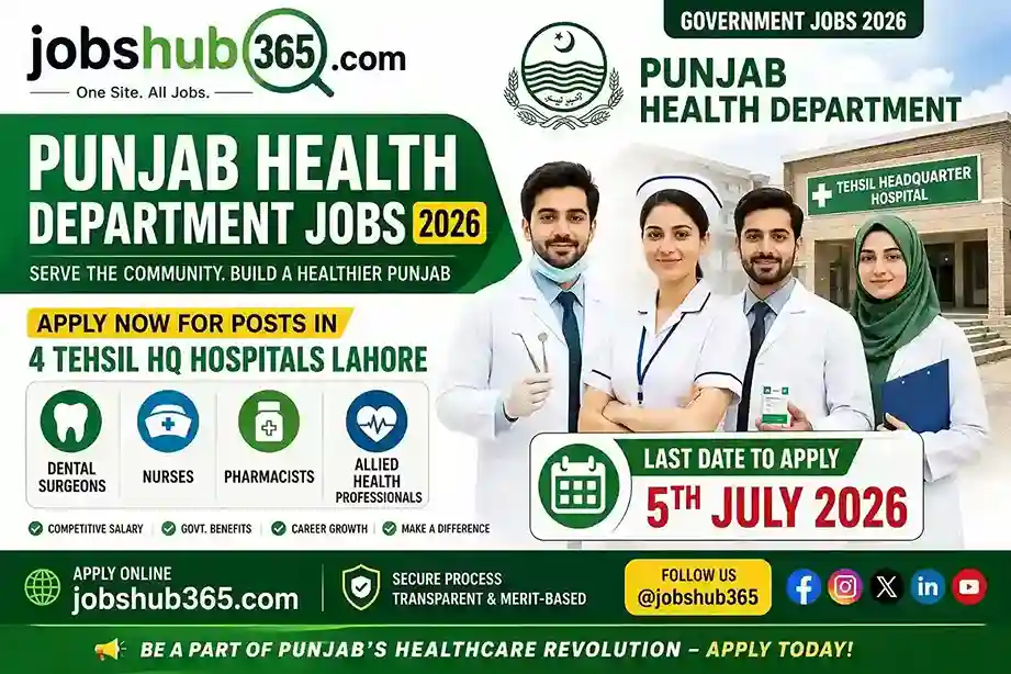 Punjab Health Department Jobs 2026 in Lahore Tehsil HQ Hospitals for Dental Surgeons, Nurses, Pharmacists and Allied Health Professionals. Apply before 5 July 2026 via Jobshub365.
