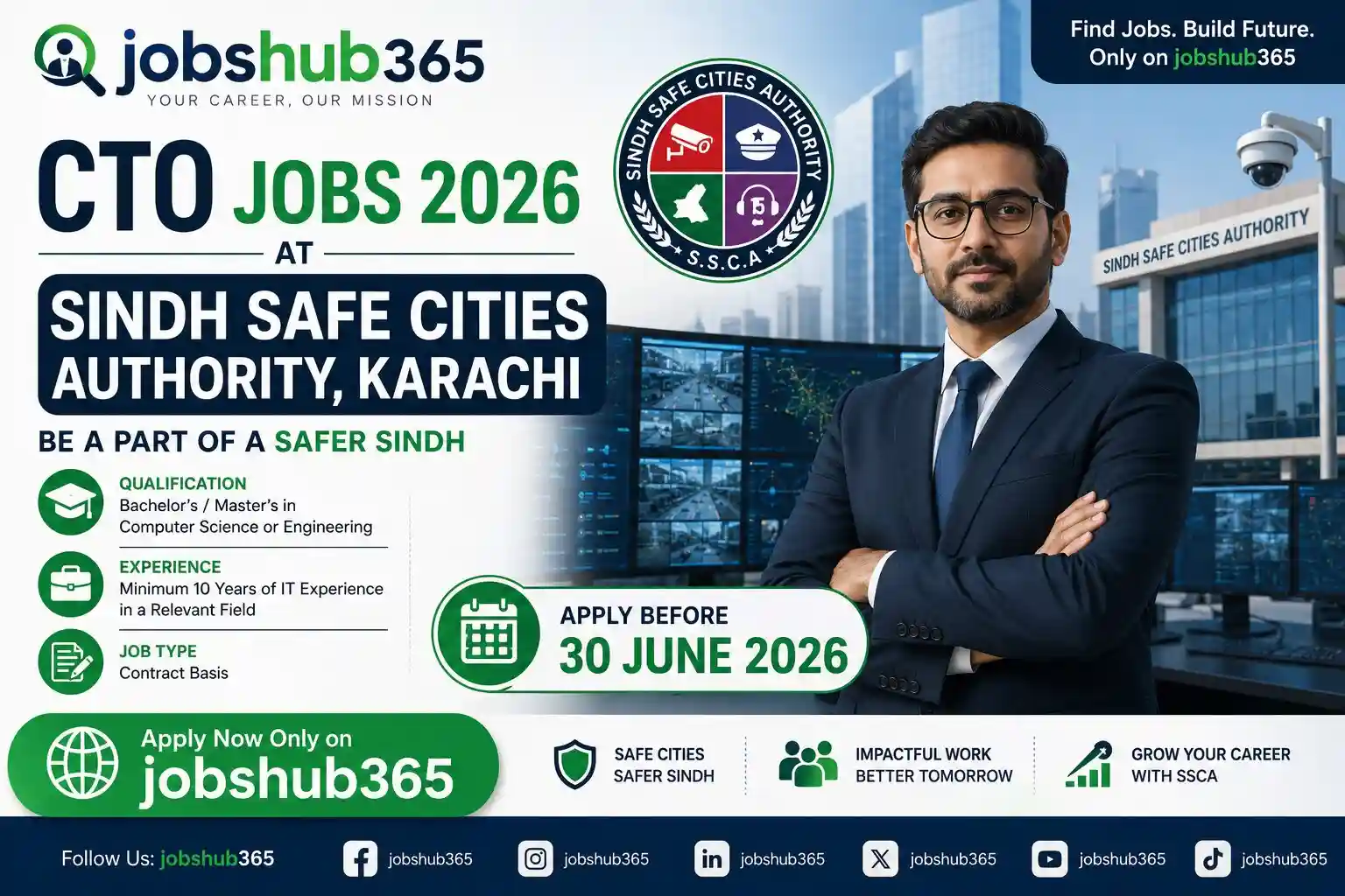 CTO Jobs 2026 at Sindh Safe Cities Authority Karachi for experienced IT professionals with Bachelor's or Master's degree in Computer Science or Engineering and 10 years of experience.